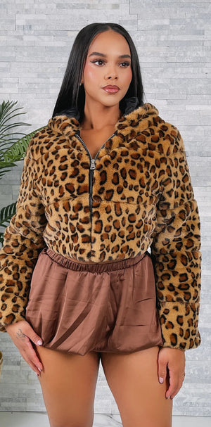 FUR LEOPARD CROPPED W/HOODIE JACKET