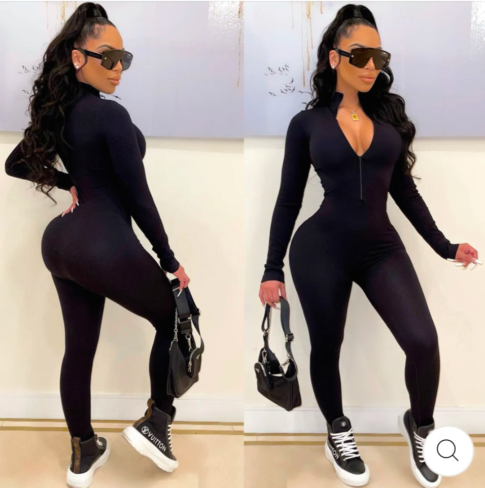 SEAMLESS RIBBED ZIPPER FITTED JUMPSUIT